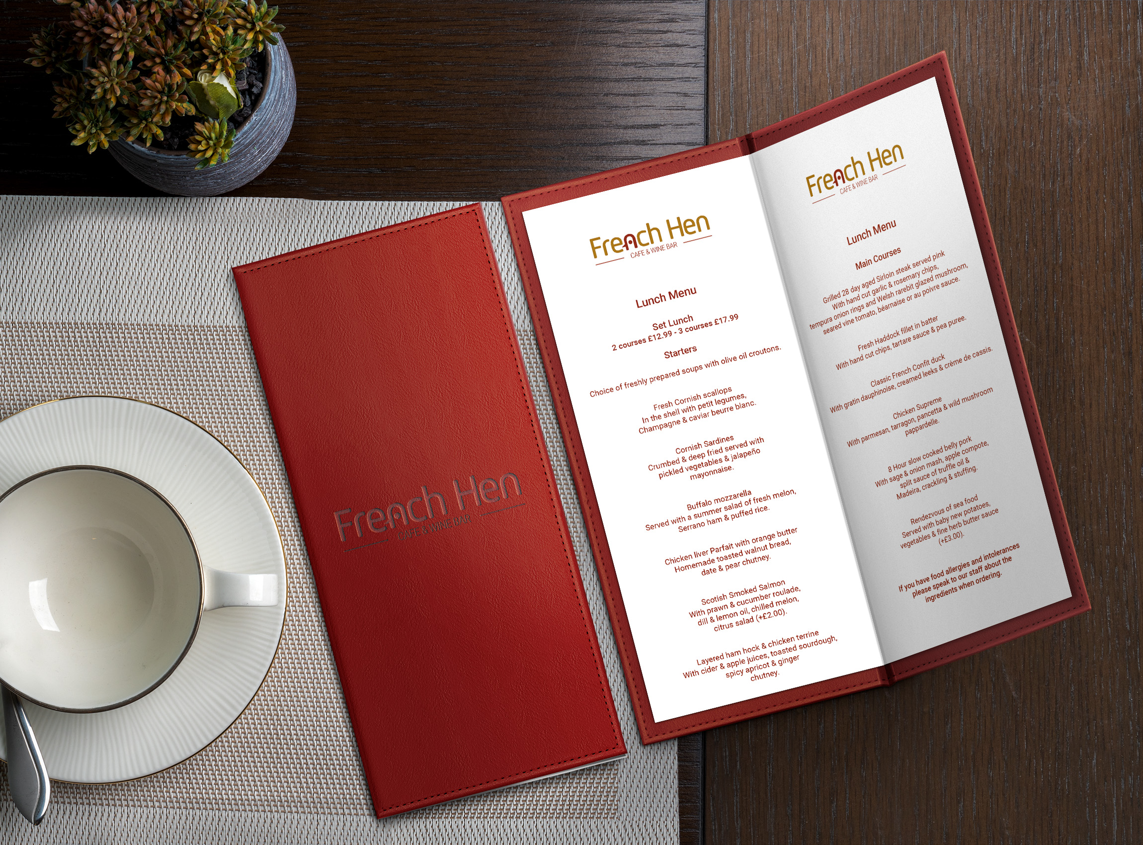Brand Identity - Open food menu mockup on restaurant table with empty coffee cup to the left.