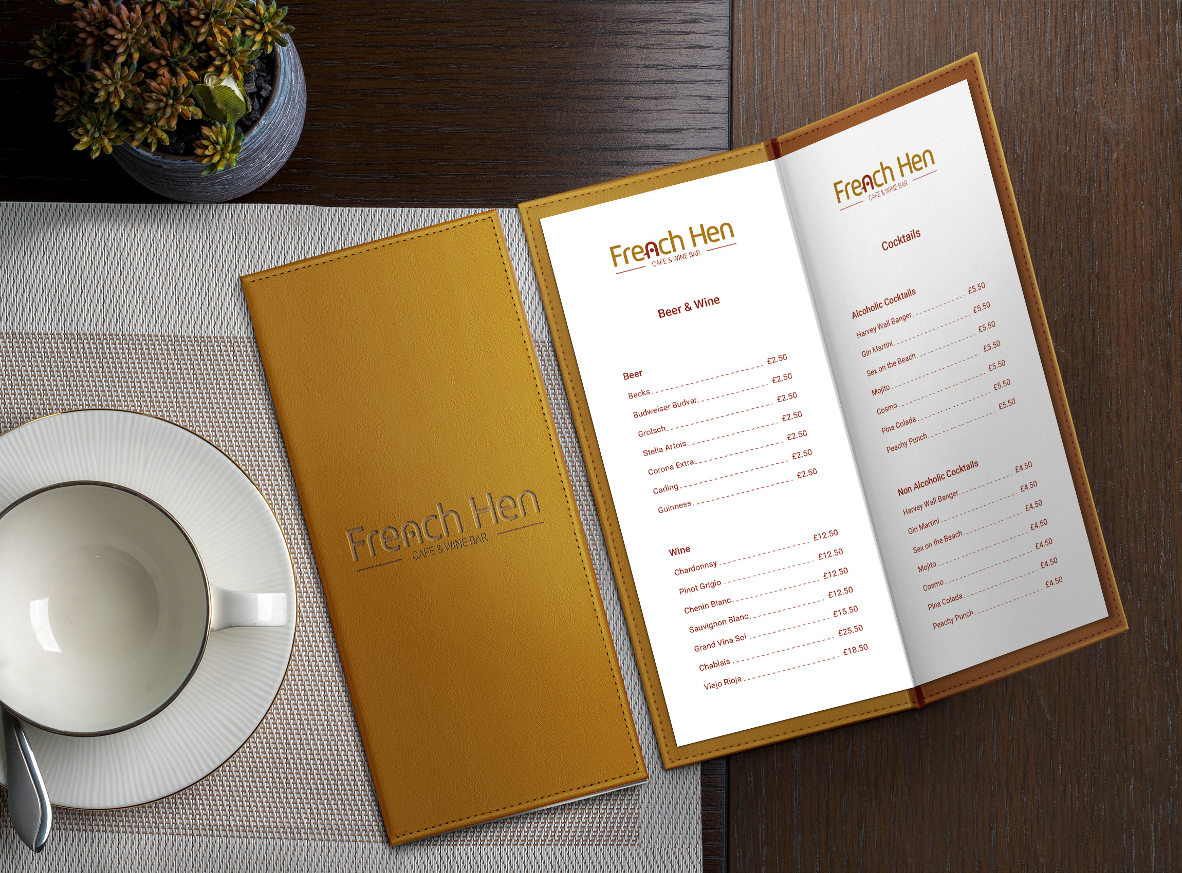 Brand Identity - Open drinks menu mockup on restaurant table with empty coffee cup to the left.
