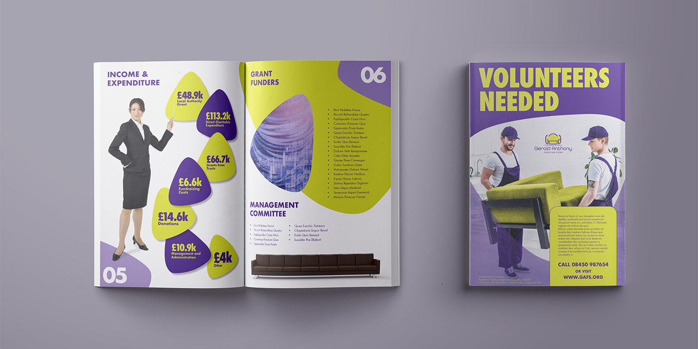 Editorial - Publication - Mockup of annual report inside pages and back cover.