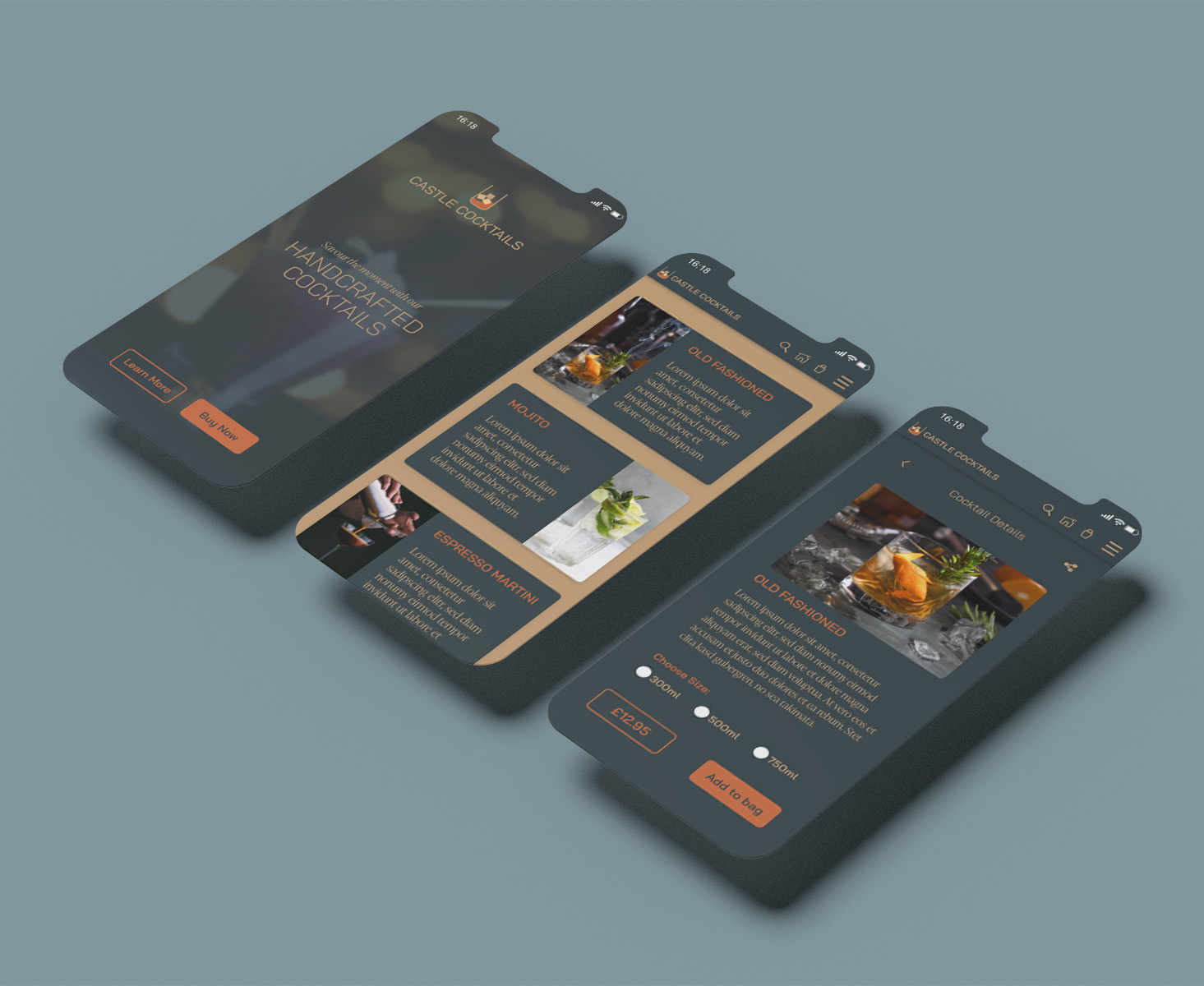 Mobile App Design - UI UX Design - Mockup of mobile application screens for a cocktail delivery business.