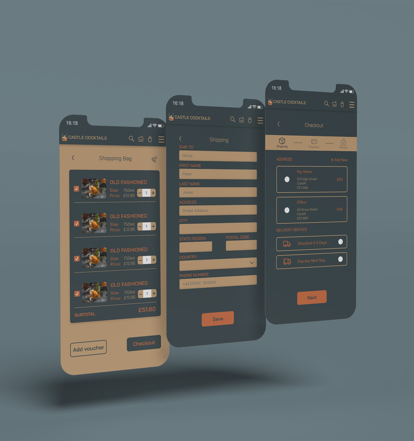 Mobile App Design - UI UX Design - Mockup of mobile application screens for a cocktail delivery business.