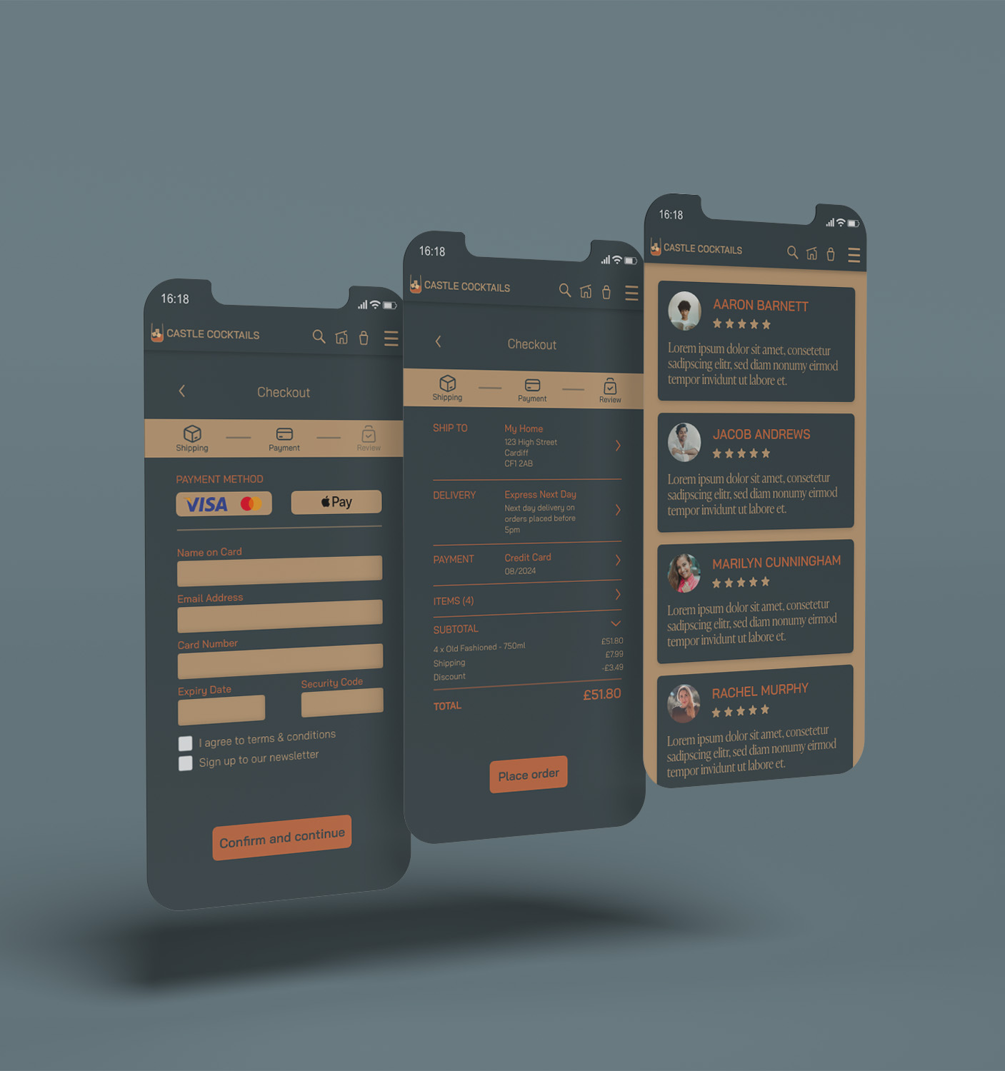 Mobile App Design - UI UX Design - Mockup of mobile application screens for a cocktail delivery business.